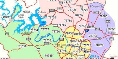 ஆஸ்டின் பகுதியில் ஜிப் குறியீடு வரைபடம்